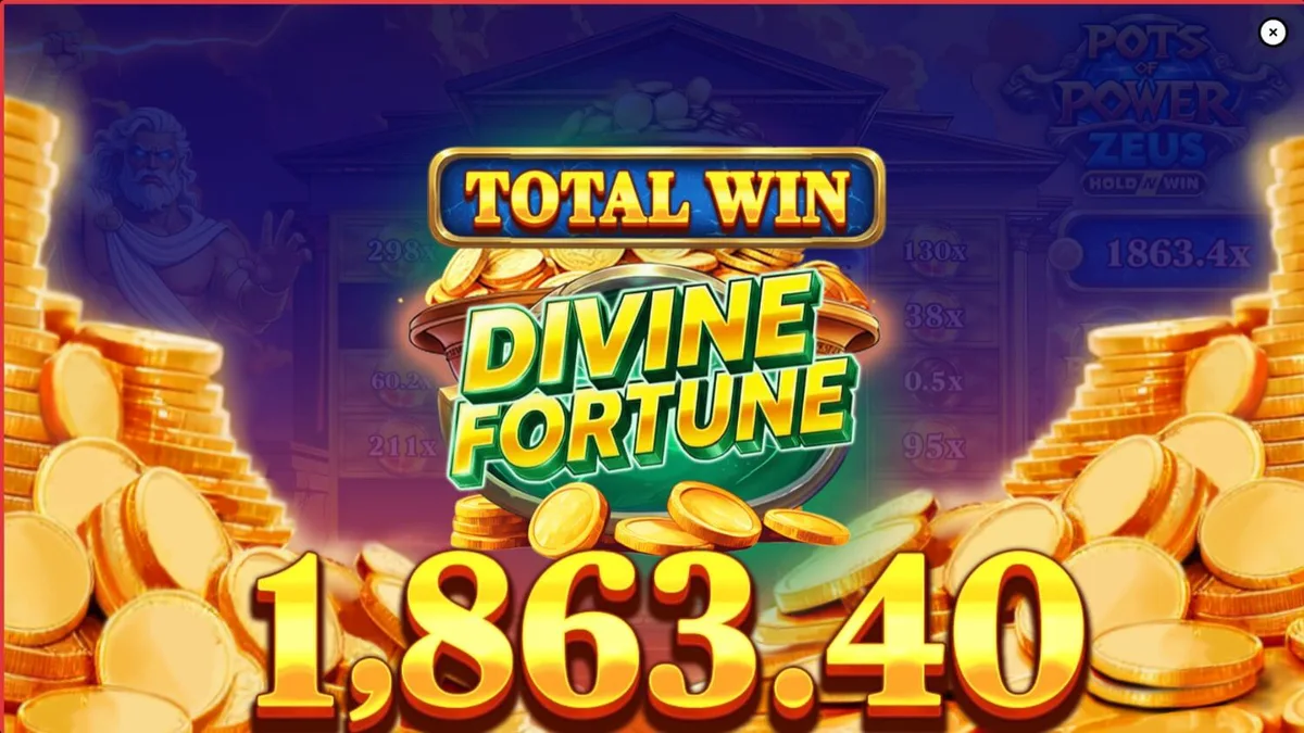 Pemandangan kuil Yunani kuno dengan petir Zeus di latar belakang dalam slot Pots of Power: Zeus